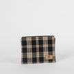 Plaid pouch with a visible brand logo on a white background
