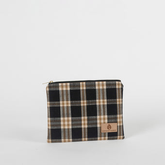 Plaid pouch with a visible brand logo on a white background