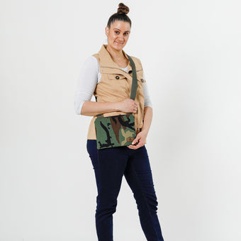 Lifestyle shot of Woodland Camo Crossbody