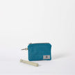 Upcycled blue textured zippered clip pouch with a light green wristlet strap on a white background