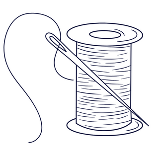 A graphic with a simple line drawing of a spool of thread and needle