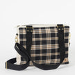 Plaid patterned bag with a black strap on a white background