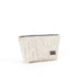A small zip closure makeup bag made of white tweed fabric with blue and gray stripes, featuring gold-tone hardware.