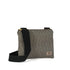 A textured gray crossbody pouch made from upcycled materials featuring an adjustable black strap and gold-tone hardware