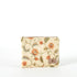 A zip pouch handcrafted from upcycled floral designer fabric in yellow and orange hues. 