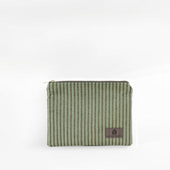 Striped green plush zippered pouch on a white background