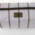 Close-up of a purple striped toiletry  with a zipper and logo on a white background named after Asia 