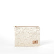 Beige zippered pouch with floral pattern and brand logo on a white background named after Kathleen