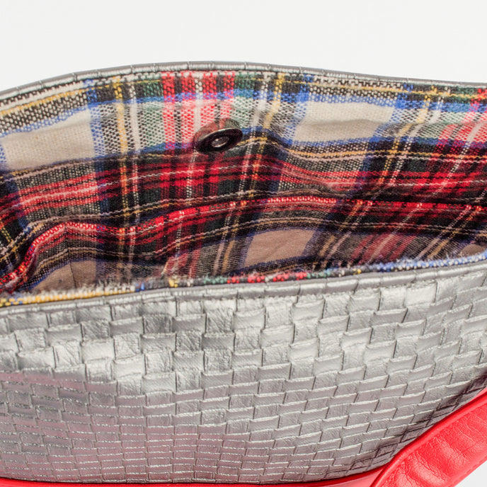 A red plaid interior fabric on a silver and red luxury leather alternative tote named after Bonnie 