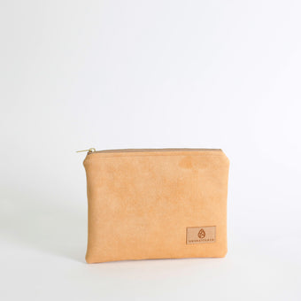 Beige suede pouch with a brand logo on a white background