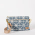 Blue geometric patterned handbag with beige strap on a white background