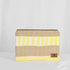 A large zip pouch with yellow and beige stripes and a small brand tag on the bottom right corner.
