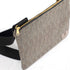 A gold-tone zipper on a textured gray crossbody pouch made from upcycled materials