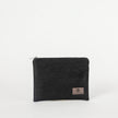 Black zippered pouch with a brand logo on a white background