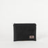 Black zippered pouch with a brand logo on a white background