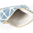 Wipe-clean interior of the Erica Zip Pouch handcrafted from upcycled blue geometric patterned fabric