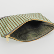 Green fabric interior of a green plush zippered pouch against a gray background