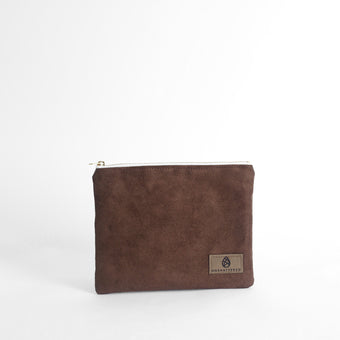 Brown suede pouch with a brand logo on a white background