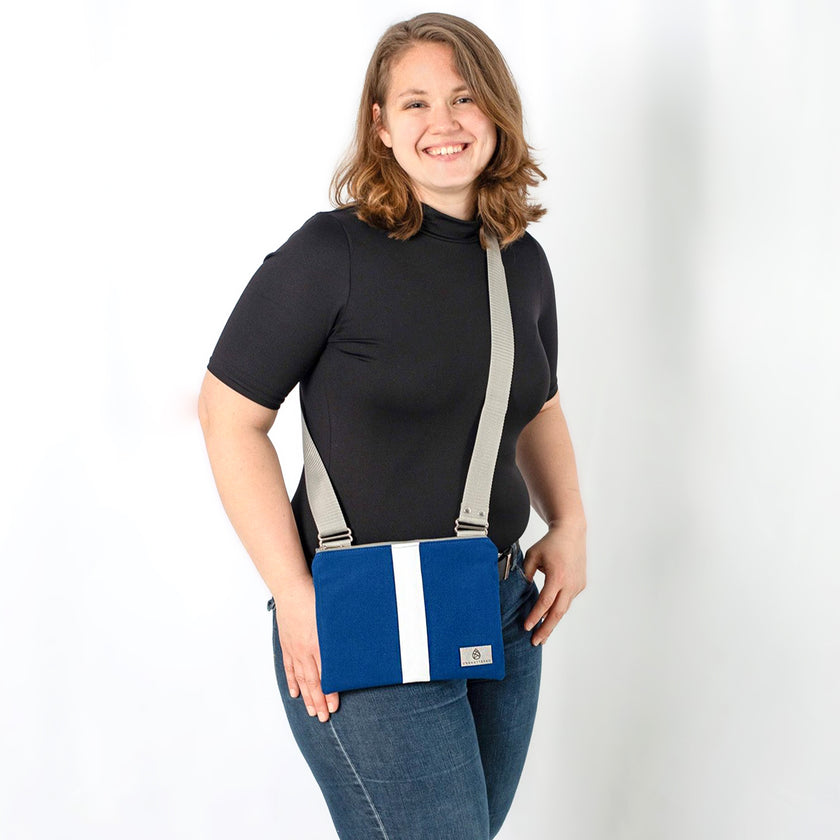 Lifestyle shot of dress gray band uniform crossbody