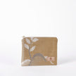 Beige pouch with leaf design on a white background