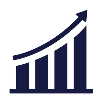 A dark navy blue graphic on a white background featuring a rising bar chart icon with an upward arrow
