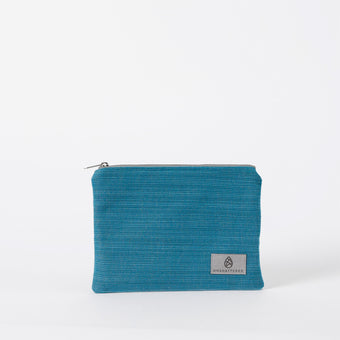 Blue textured pouch with a brand logo on a white background
