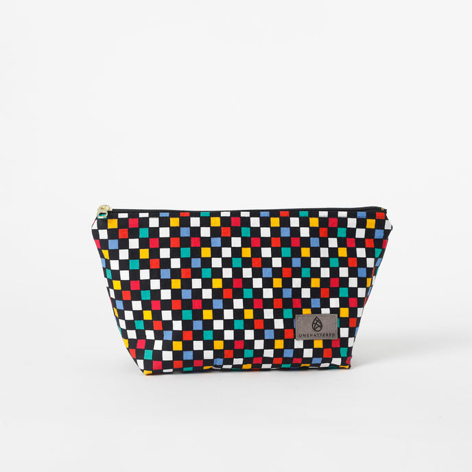 Multicolored checkered makeup bag  on a white background named after Luisa 