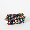 Multicolored checkered toiletry kit with a brand label on a white background named after Lyddin 