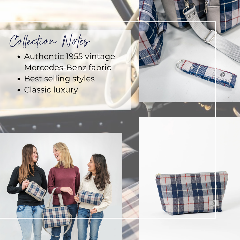 Zippered Convertible Handbag from Vintage Blue-Grey Plaid Mercedes-Benz Interior