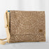 A large messenger bag with an adjustable strap and a beige and brown patterned fabric. It features gold strap slides and a magnetic clasp.