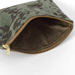 Green patterned pouch with gold zipper and brown interior on a white background named after Nat 