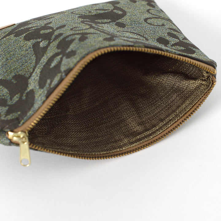 Green patterned pouch with gold zipper and brown interior on a white background named after Nat 