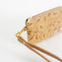 Beige patterned clip pouch with gold zipper and tan strap on a white background