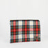 A large zip pouch with a red, green, and white plaid pattern and a small brand tag on the bottom right.