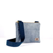A blue and crossbody pouch with an adjustable strap and gold-tone hardware, made from upcycled materials named after Shirley.