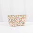 A multicolor confetti puff plush makeup kit with a gray label and gold tone hardware 