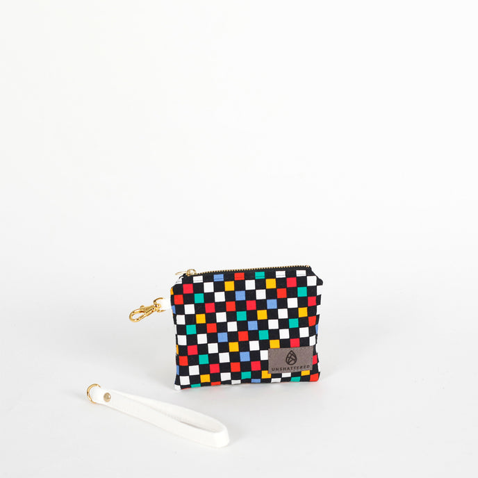 Multicolored checkered pouch with a strap on a white background