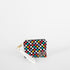 Small black, blue, red, yellow and white checkered zippered pouch with white leather alternative wristlet strap
