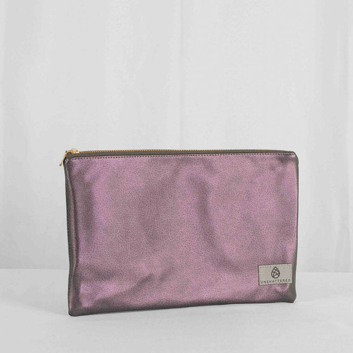 A shimmery purple and gray luxury leather alternative zip pouch with gold-tone hardware, displayed against a neutral background.