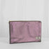 A shimmery purple and gray luxury leather alternative zip pouch with gold-tone hardware, displayed against a neutral background.