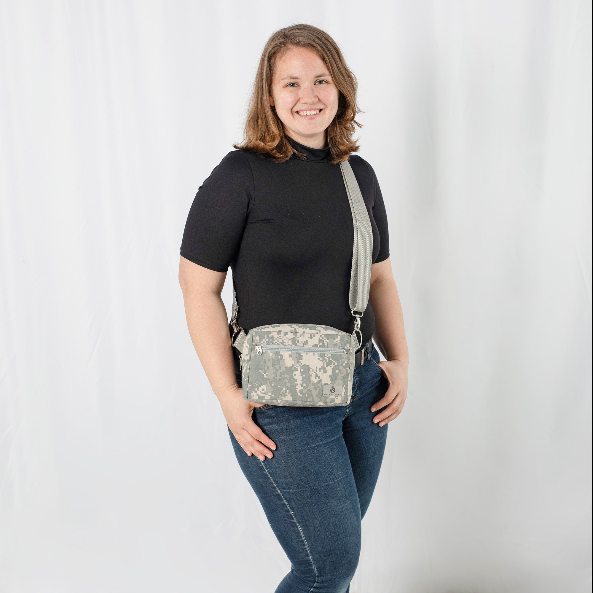 Upcycled US Army Uniform Errand Bag worn as a crossbody on a woman