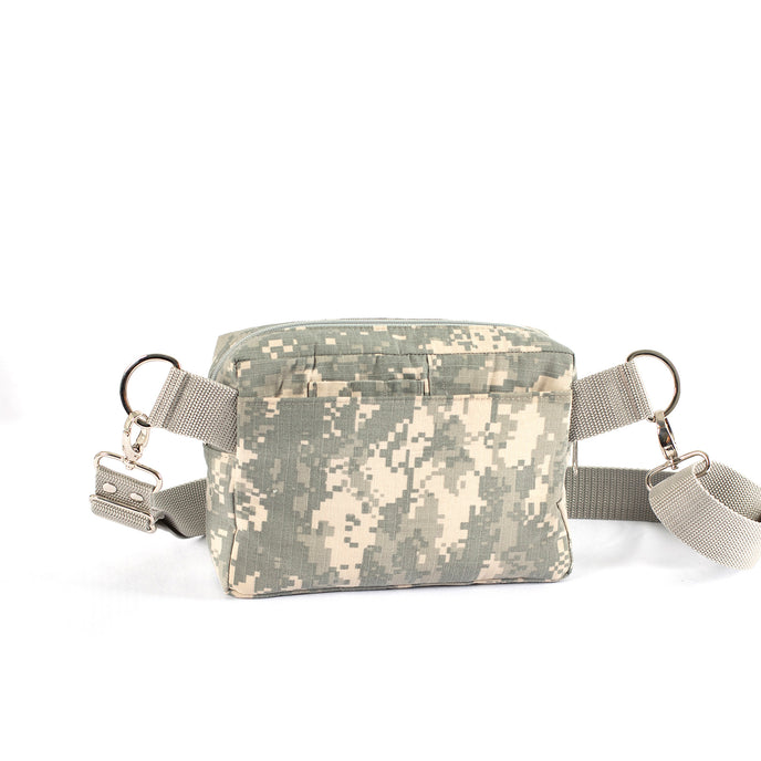 Back drop in pocket on an Unshattered errand bag handcrafted from upcycled US military digital camo uniforms