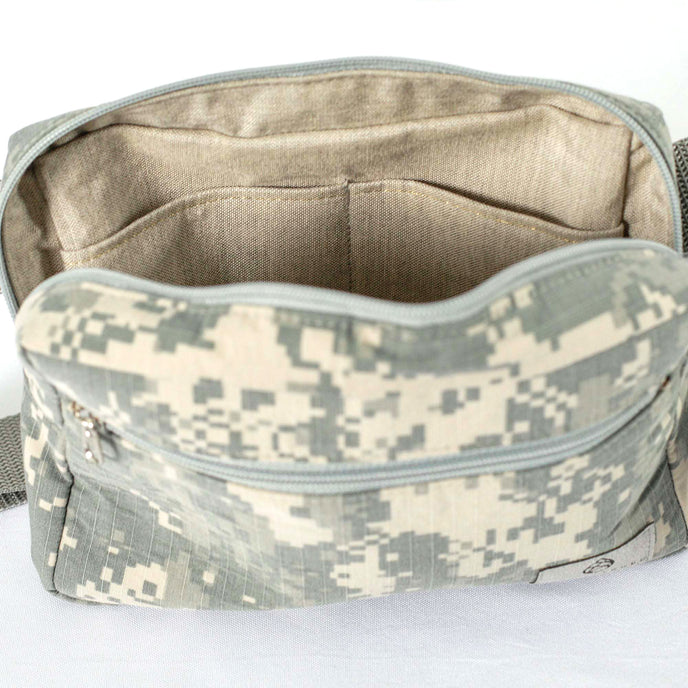 Neutral fabric interior of an errand bag made in the USA from upcycled military uniforms