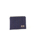 An upcycled blue fabric zip pouch named Nancy with a line rainbow pattern and gold-tone hardware on a white background