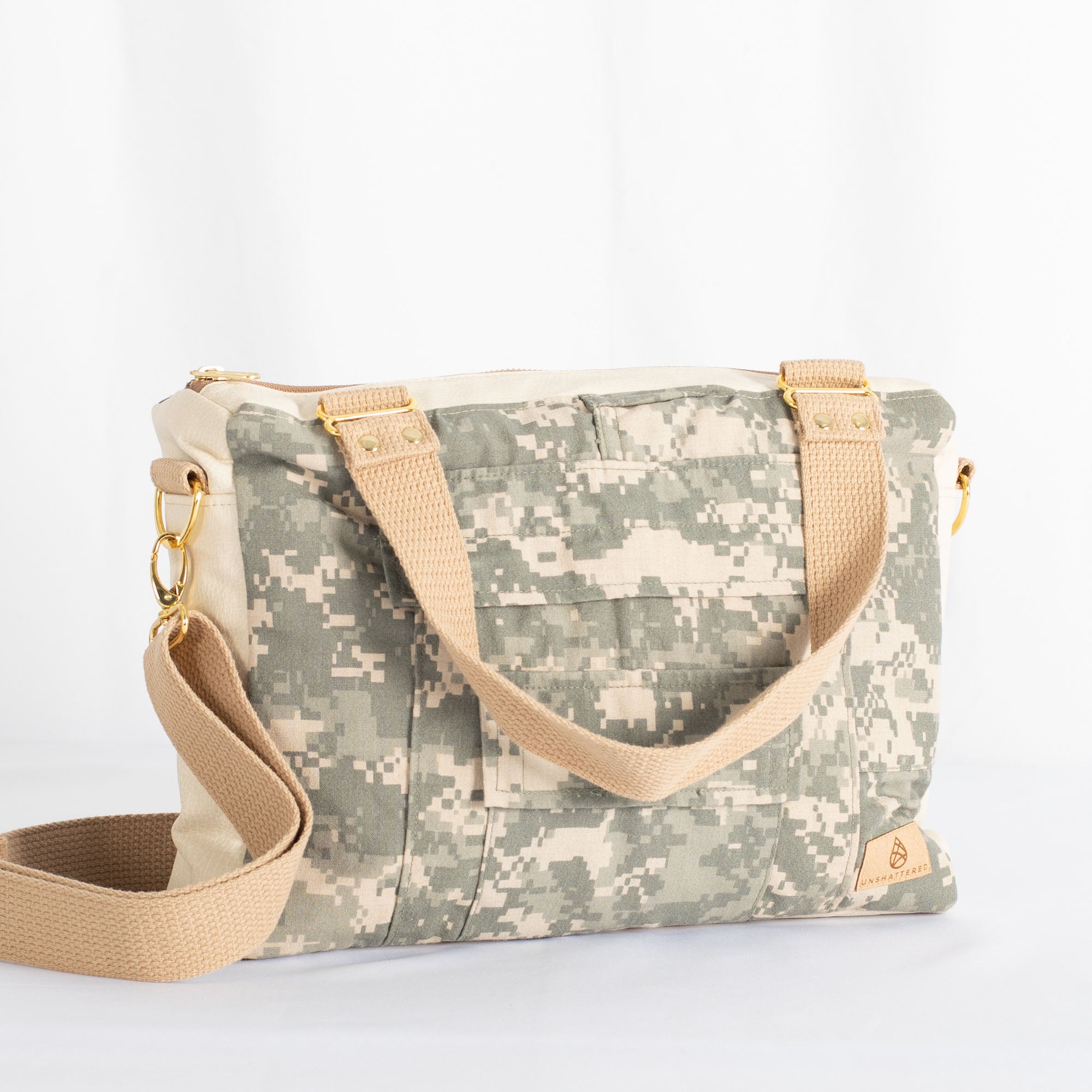 Upcyled US Army Uniform Convertible Handbag with Cream Accent