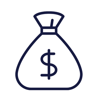 A simple infographic on a white background with a dark navy outline of a money bag icon