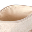 Close-up of a beige wipe-clean interior of a makeup bag made from upcycled beige material