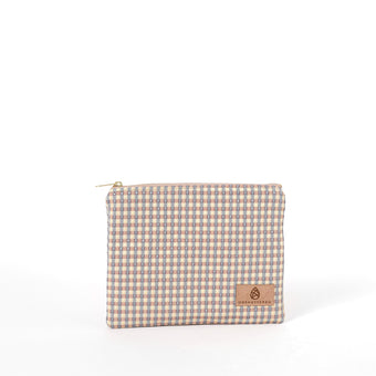 Zippered pouch named after Kara and handcrafted from upcycled checked fabric by women in recovery
