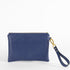 A blue anniversary wristlet back view with a wristlet strap and gold teardrop clip.