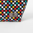 Colorful checkered makeup bag  with a brand label on a white background named after Luisa 